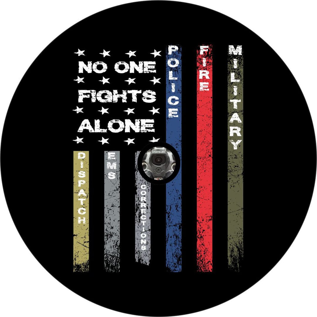 No One Fights Alone American Flag Spare Tire Cover for Jeep, Bronco, RV, Camper, Trailer, Van, & More