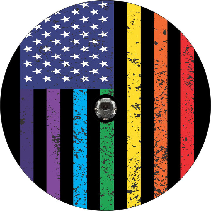 Distressed Pride Rainbow American Flag Spare Tire Cover for Jeep, Bronco, RV, Camper, Van, & More