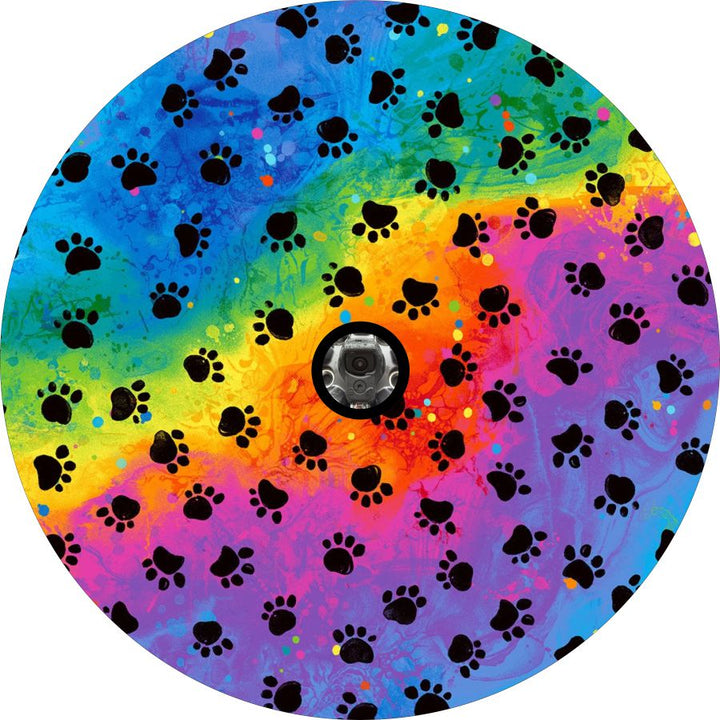 Rainbow Tie Dye With Dog Paws Spare Tire Cover for Jeep, Bronco, RV, Camper, & More