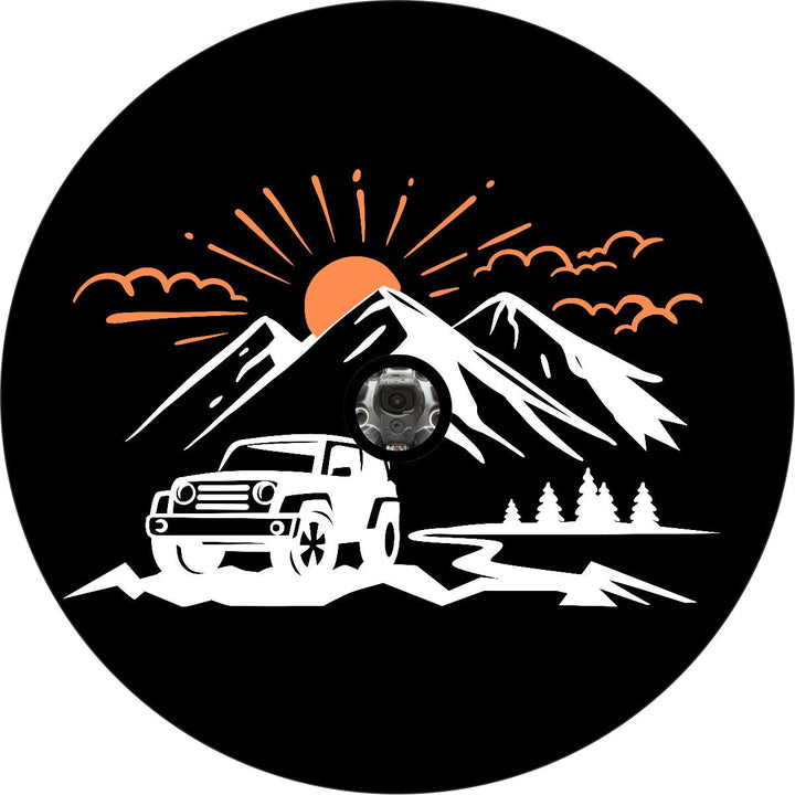 SUV in the Mountains with Sunset Spare Tire Cover for Jeep, Bronco, Campers, RV, Vans, & More