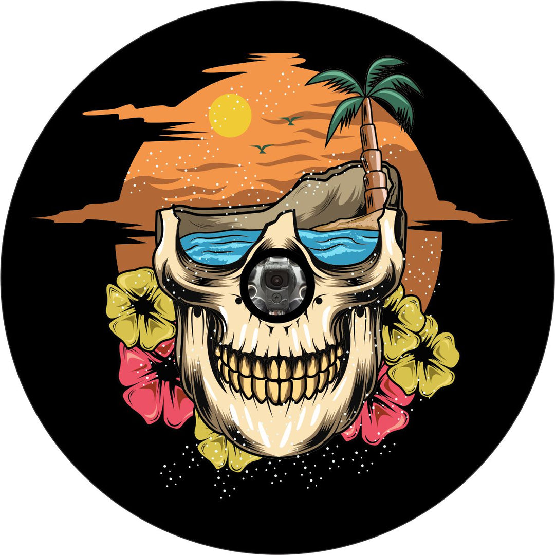 Tropical Skull, Beach, & Hibiscus Flowers Spare Tire Cover for Jeep, RV, Bronco, and More