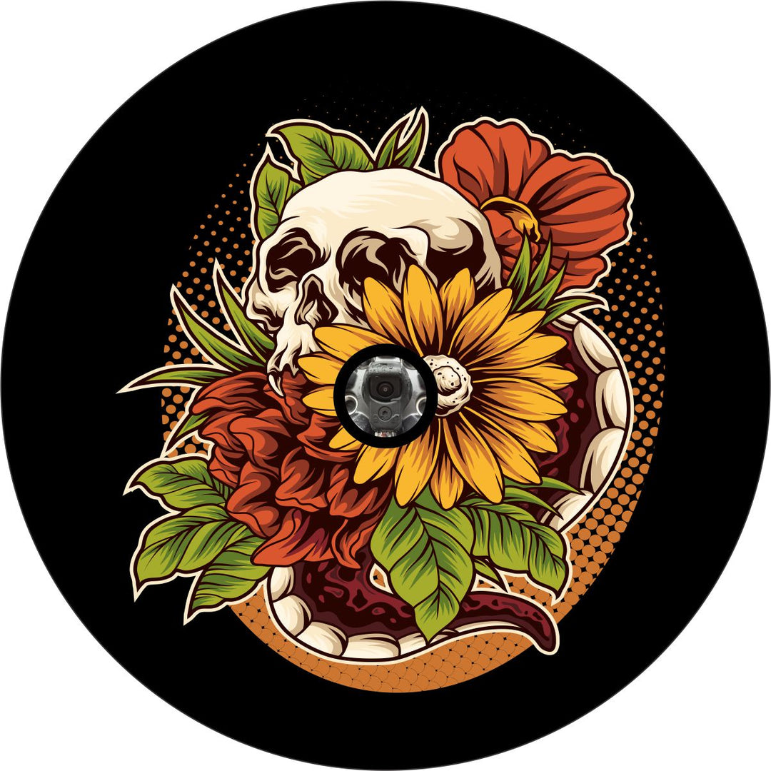 Sunflower & Hibiscus Skull Unique Spare Tire Cover