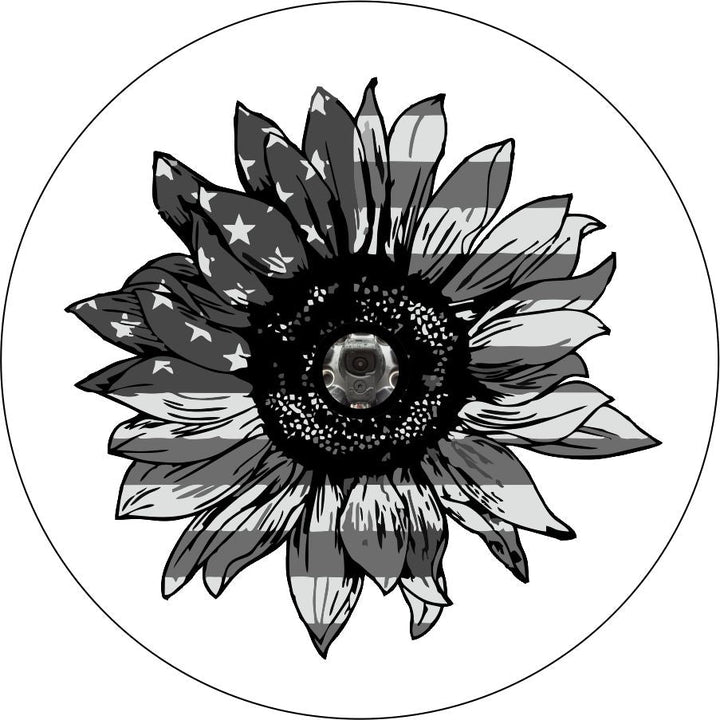 Gray Sunflower American Flag Spare Tire Cover for Jeep, RV, Bronco, & More