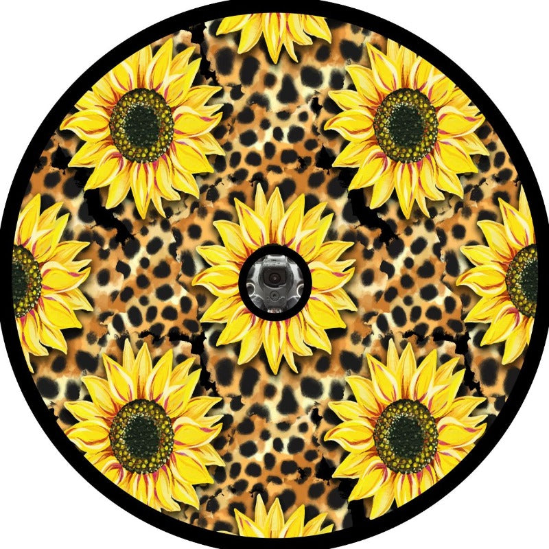 Sunflower + Leopard Cheetah Print Spare Tire Cover - Bronco, RV, Jeep, Camper