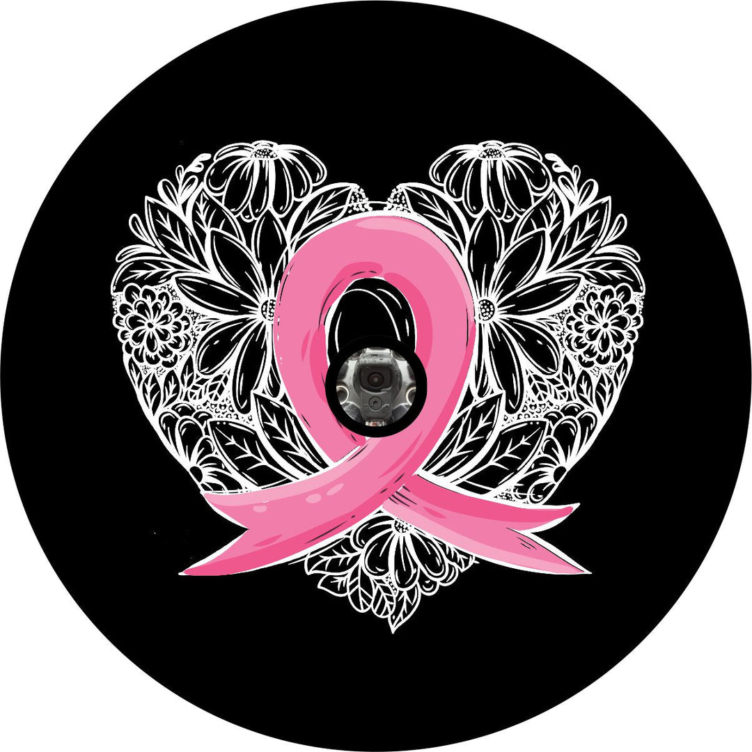 Pink Ribbon Breast Cancer + Heart Spare Tire Cover for Jeep, RV, Bronco, Camper, Trailers