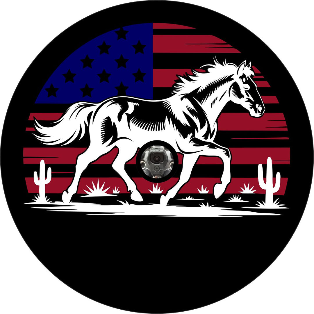 Bronco Horse with American Flag Spare Tire Cover for Jeep, Bronco, RV, Camper, Trailer, & More