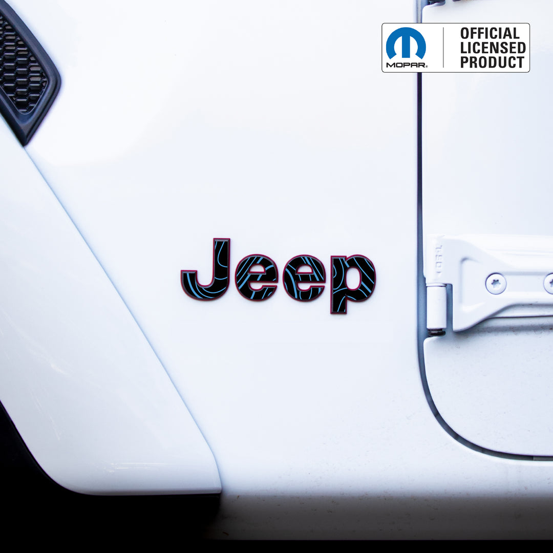 JEEP Wrangler Emblem Overlay Decal Set – Topographical Map Print | Fits Select Wrangler Models