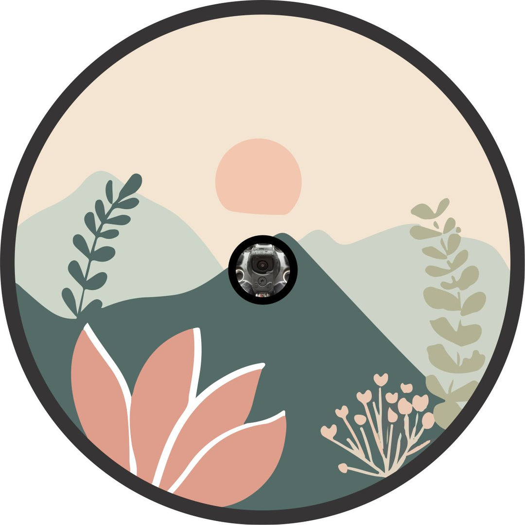 Pastel Pink & Teal Mountain Floral Landscape Spare Tire Cover Design • Jeep, Bronco, Campers, RV, Vans, & More