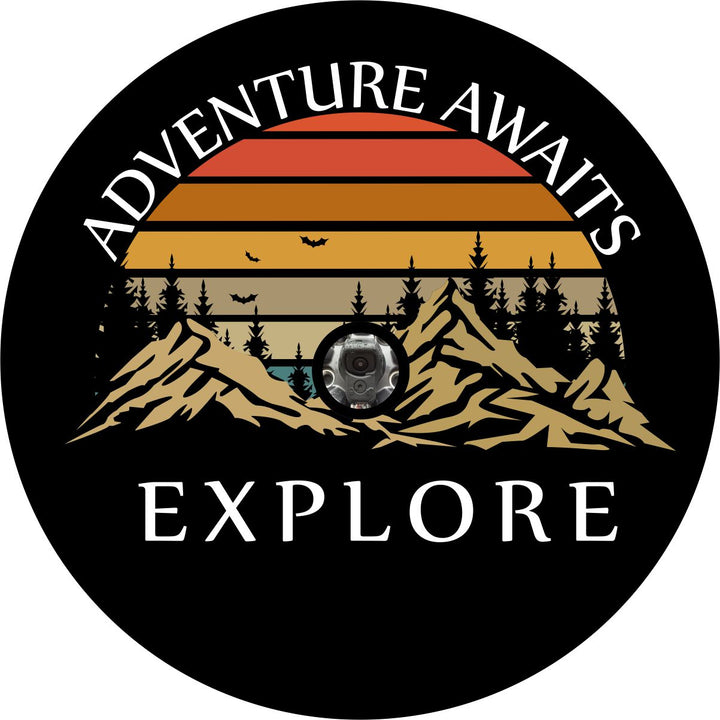 Adventure Awaits + Explore Mountain Custom Tire Cover for Jeep, RV, Camper, & More