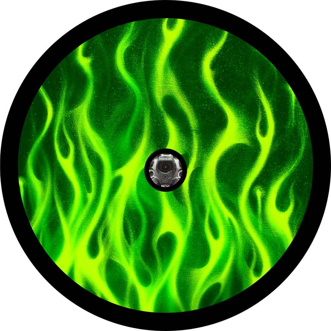 Flames - Neon Green Spare Tire Cover for Jeep, Bronco, RV, and more