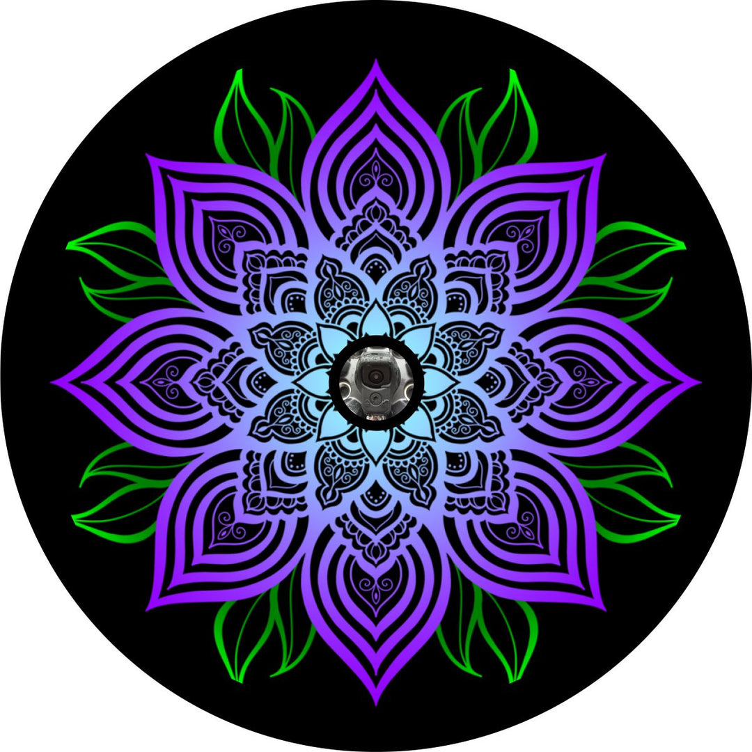 Purple Mandala Flower with Green Leaves Spare Tire Cover for any Vehicle, Make, Model and Size