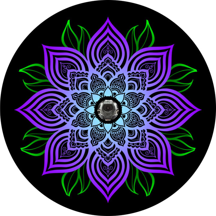 Purple Mandala Flower with Green Leaves Spare Tire Cover for any Vehicle, Make, Model and Size