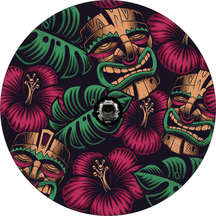 Tiki Mask Tropical Flowers Creative Spare Tire Cover | Jeep, RV, Camper, Bronco, & More