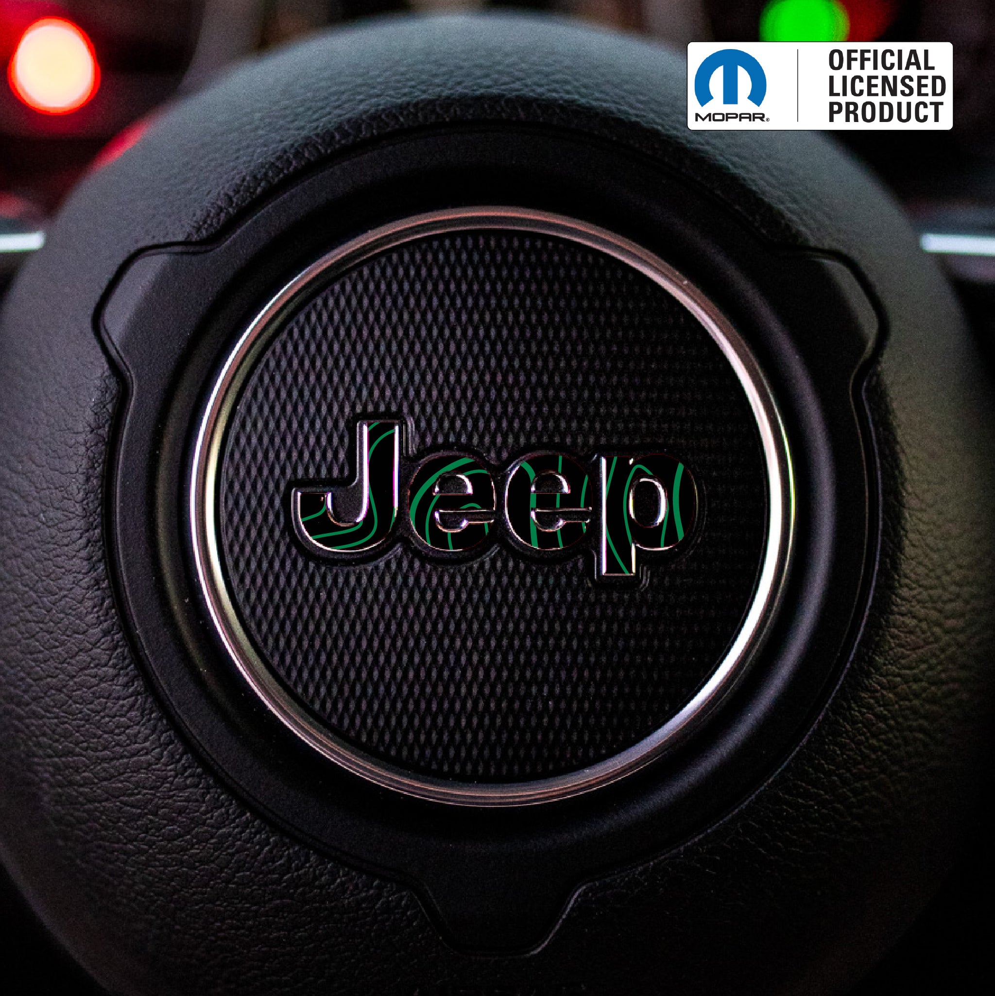 JEEP Steering Wheel Emblem Overlay Decal — 30+ Colors & Designs (Flag, Topo, Animal, Solid)