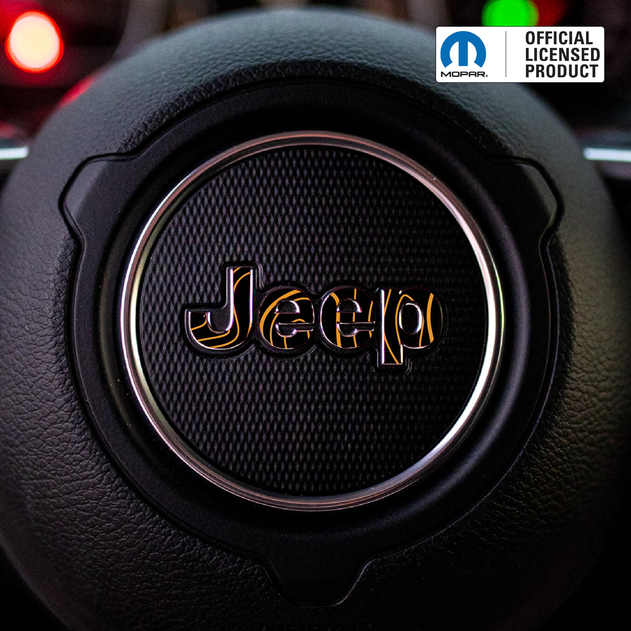 JEEP Steering Wheel Emblem Overlay Decal — 30+ Colors & Designs (Flag, Topo, Animal, Solid)