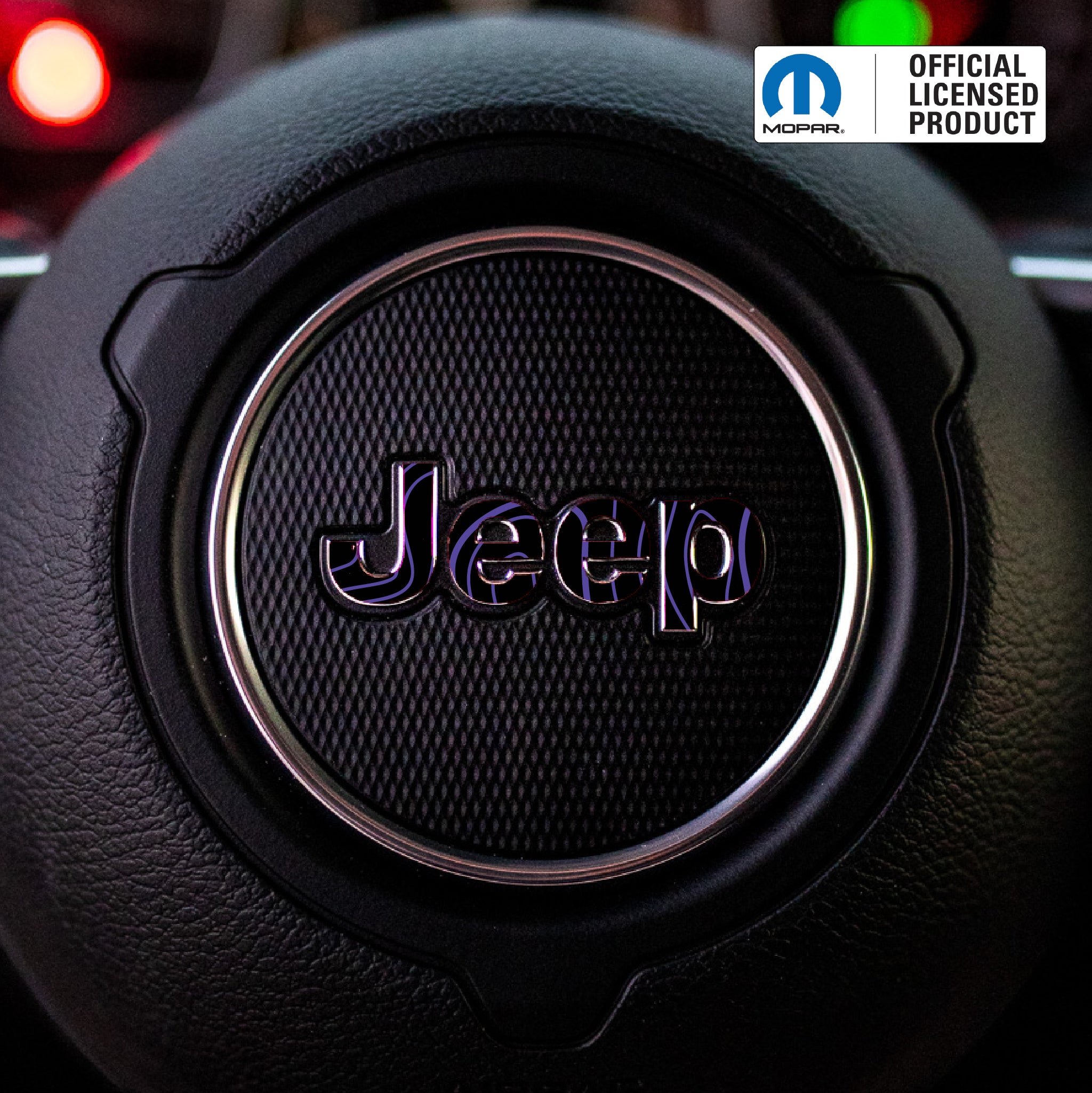 JEEP Steering Wheel Emblem Overlay Decal — 30+ Colors & Designs (Flag, Topo, Animal, Solid)