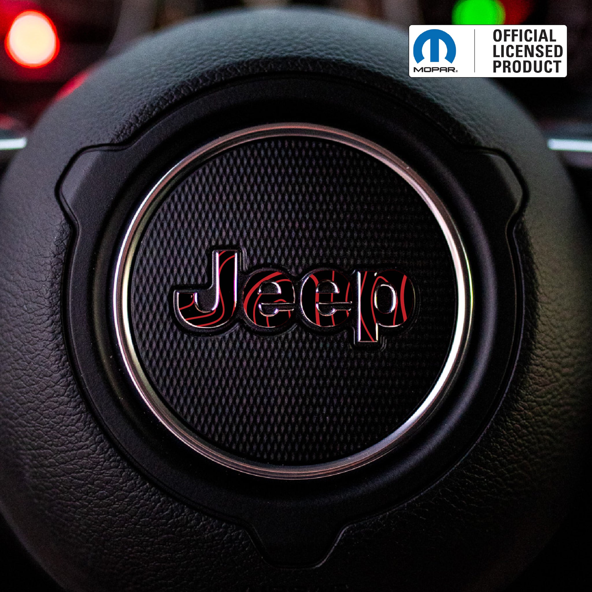 JEEP Steering Wheel Emblem Overlay Decal — 30+ Colors & Designs (Flag, Topo, Animal, Solid)