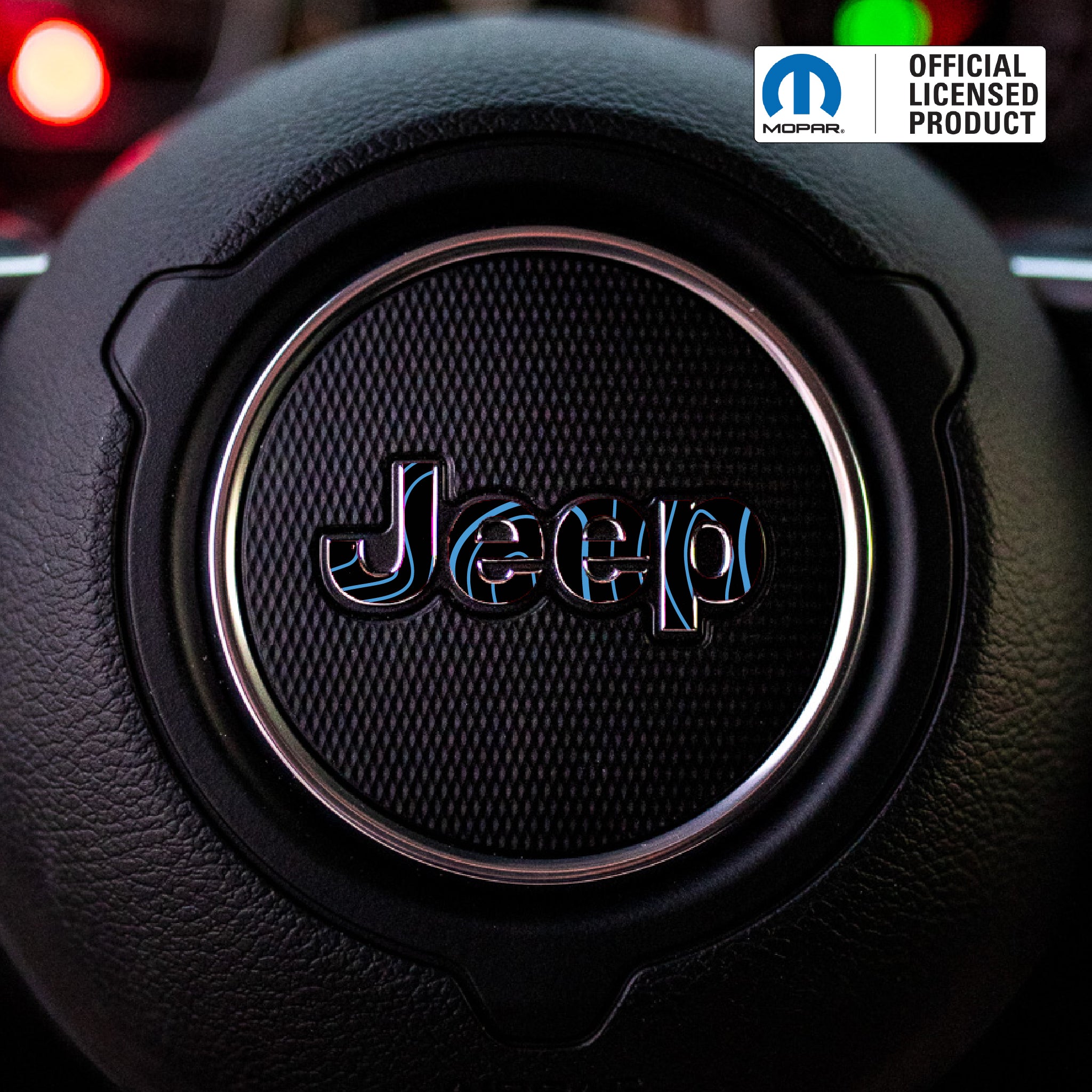 JEEP Steering Wheel Emblem Overlay Decal — 30+ Colors & Designs (Flag, Topo, Animal, Solid)