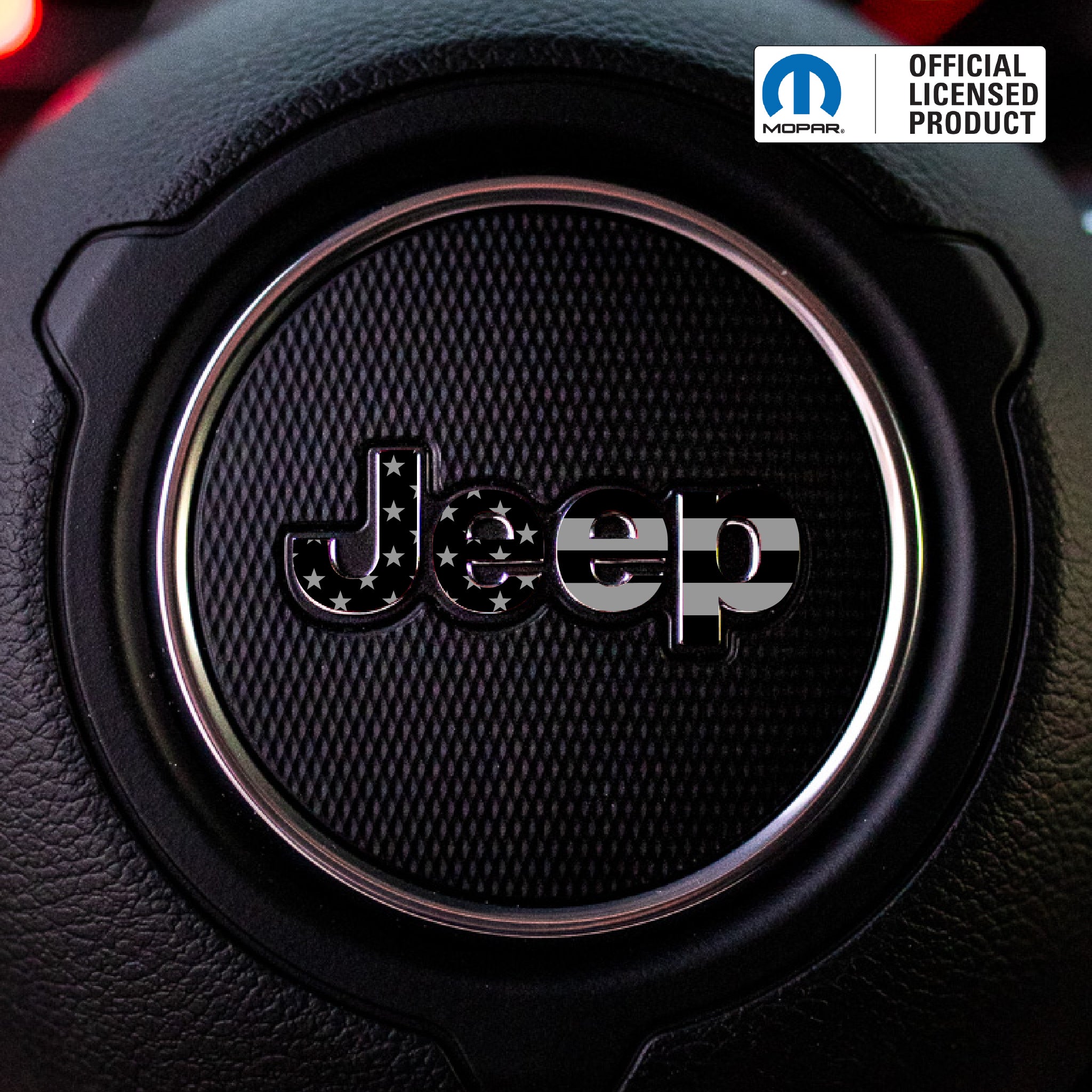 JEEP Steering Wheel Emblem Overlay Decal — 30+ Colors & Designs (Flag, Topo, Animal, Solid)