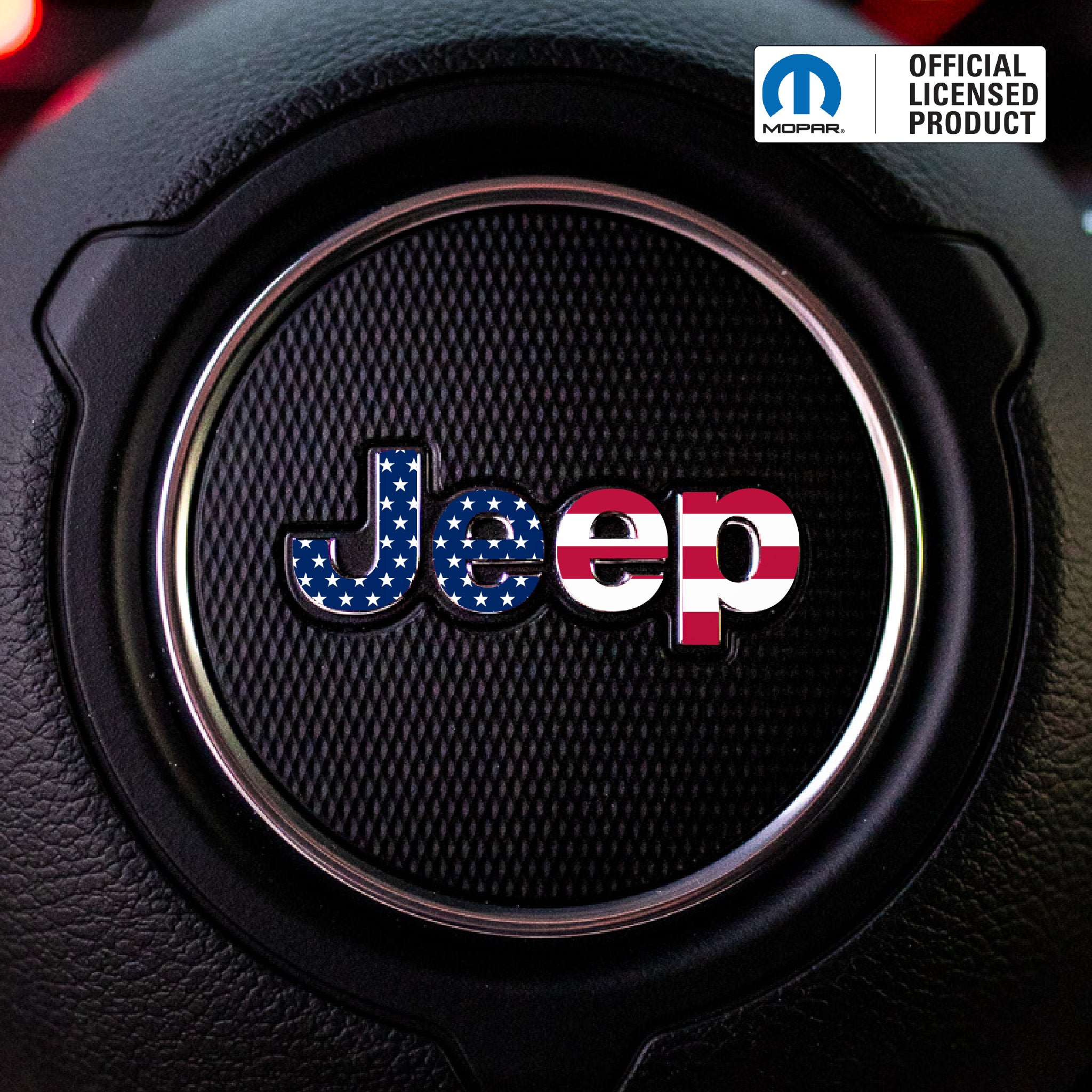 JEEP Steering Wheel Emblem Overlay Decal — 30+ Colors & Designs (Flag, Topo, Animal, Solid)