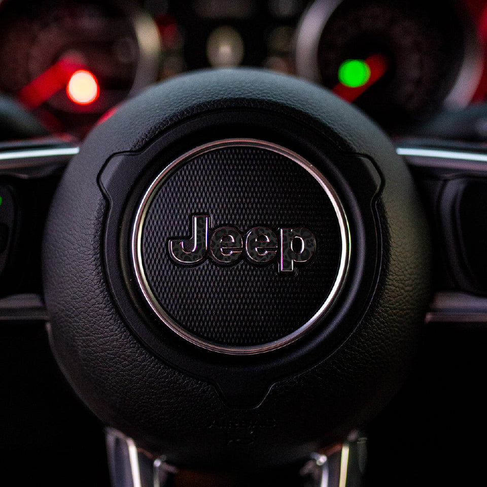 JEEP Steering Wheel Emblem Overlay Decal — 30+ Colors & Designs (Flag, Topo, Animal, Solid)