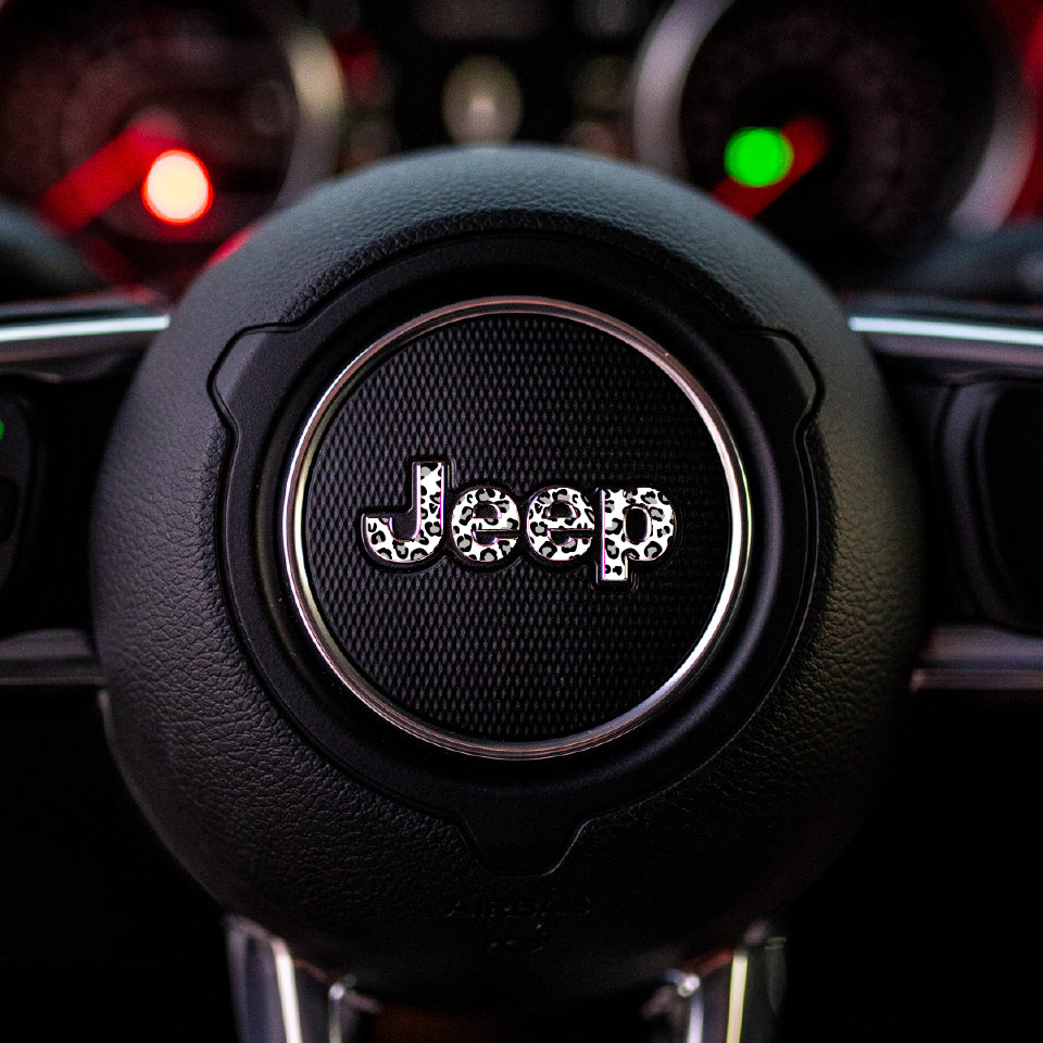 JEEP Steering Wheel Emblem Overlay Decal — 30+ Colors & Designs (Flag, Topo, Animal, Solid)