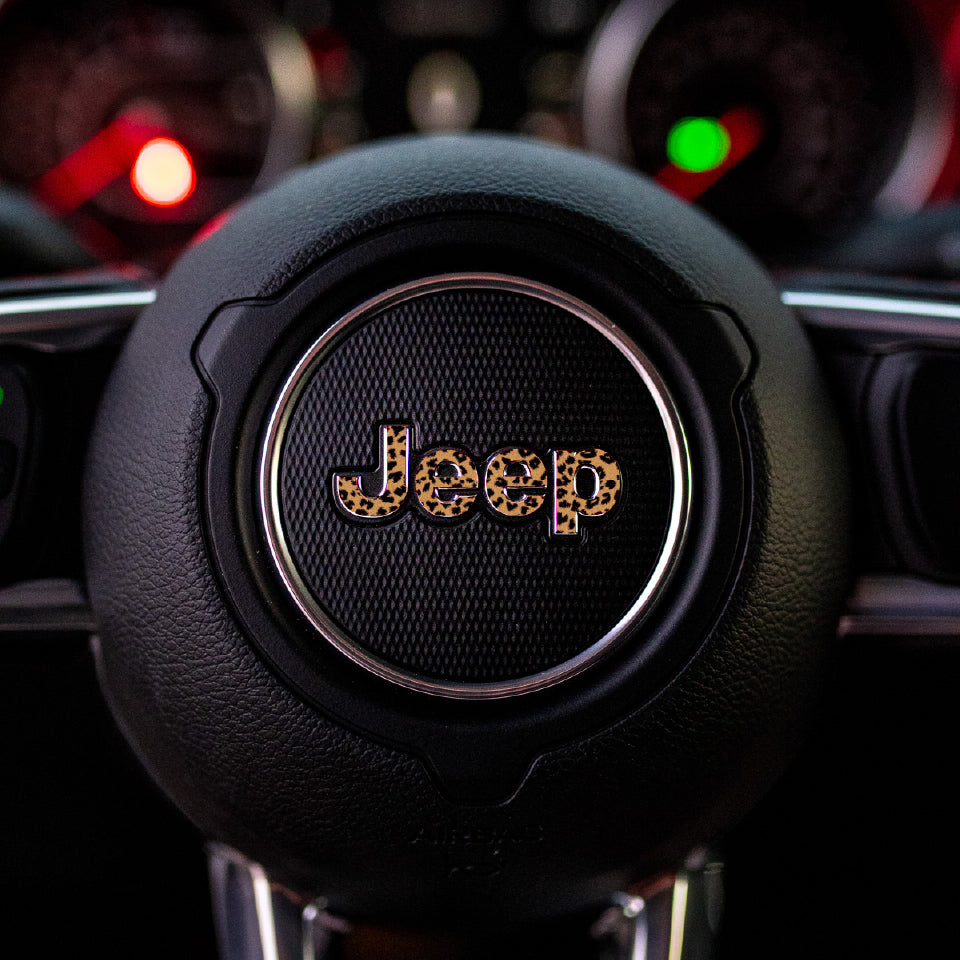JEEP Steering Wheel Emblem Overlay Decal — 30+ Colors & Designs (Flag, Topo, Animal, Solid)