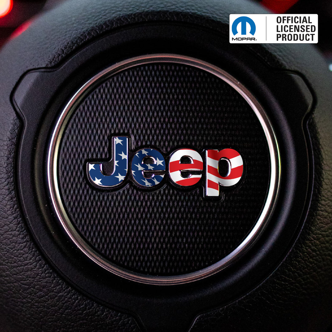JEEP Steering Wheel Emblem Overlay Decal — 30+ Colors & Designs (Flag, Topo, Animal, Solid)