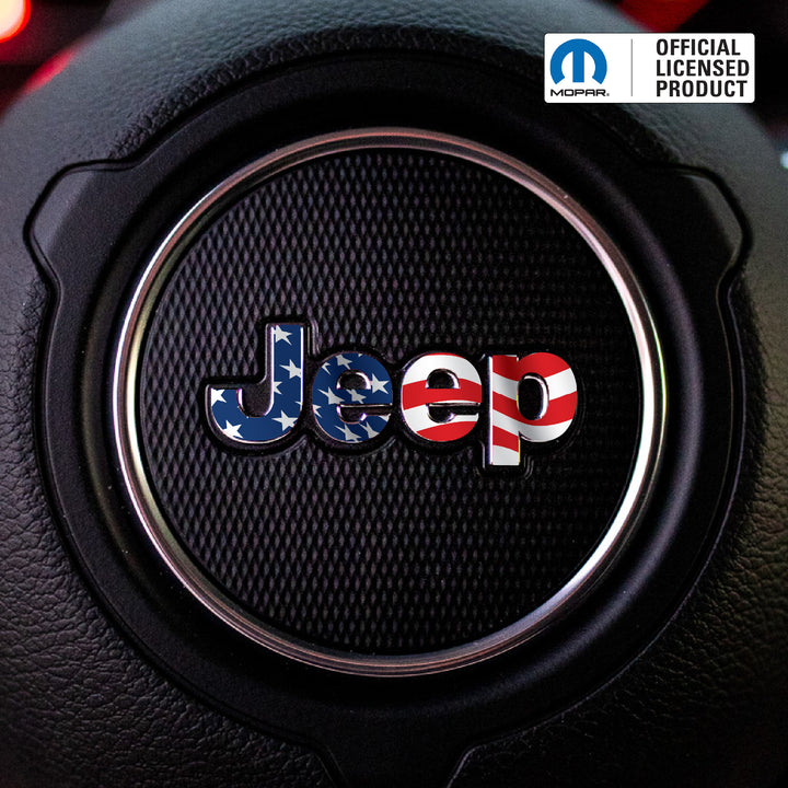 JEEP Steering Wheel Emblem Overlay Decal — 30+ Colors & Designs (Flag, Topo, Animal, Solid)