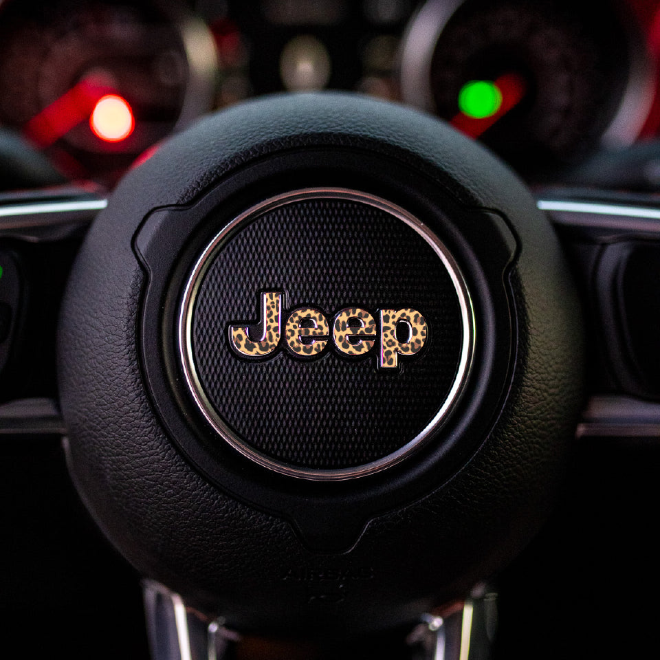 JEEP Steering Wheel Emblem Overlay Decal — 30+ Colors & Designs (Flag, Topo, Animal, Solid)