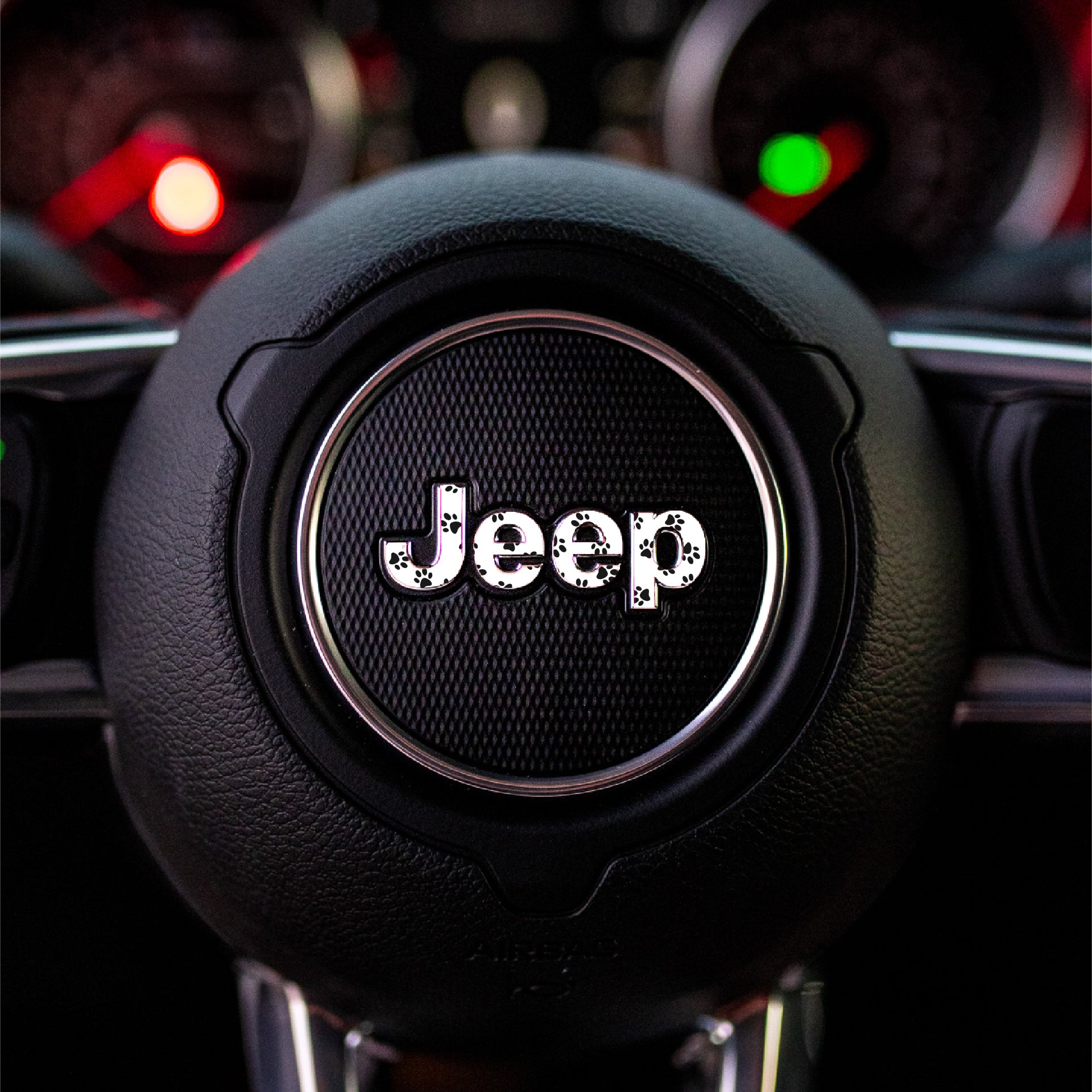 JEEP Steering Wheel Emblem Overlay Decal — 30+ Colors & Designs (Flag, Topo, Animal, Solid)