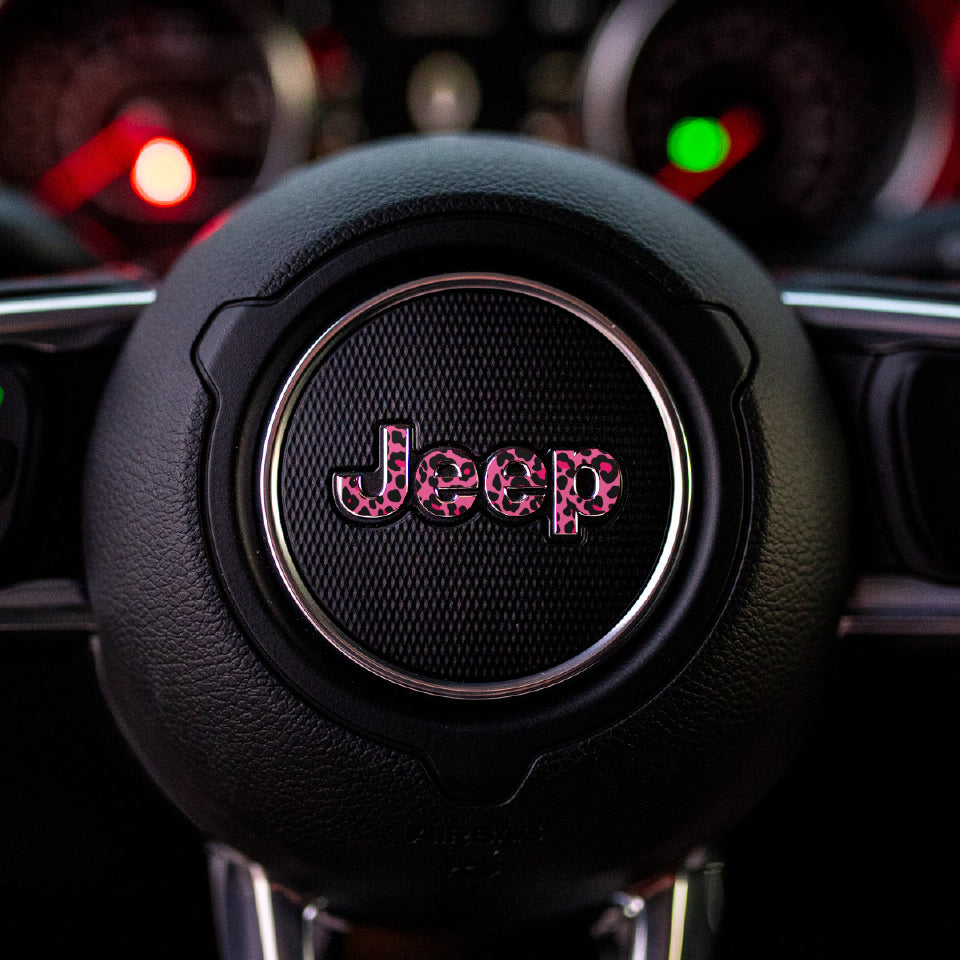 JEEP Steering Wheel Emblem Overlay Decal — 30+ Colors & Designs (Flag, Topo, Animal, Solid)