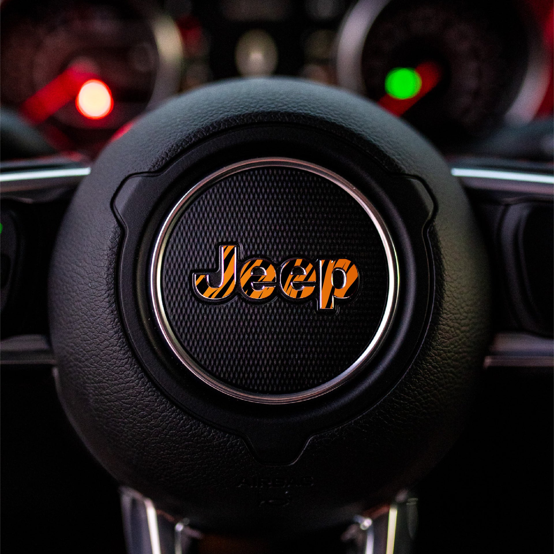 JEEP Steering Wheel Emblem Overlay Decal — 30+ Colors & Designs (Flag, Topo, Animal, Solid)