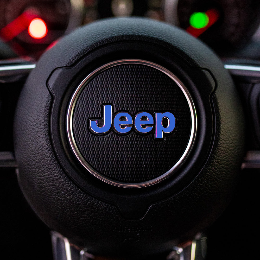 JEEP Steering Wheel Emblem Overlay Decal — 30+ Colors & Designs (Flag, Topo, Animal, Solid)