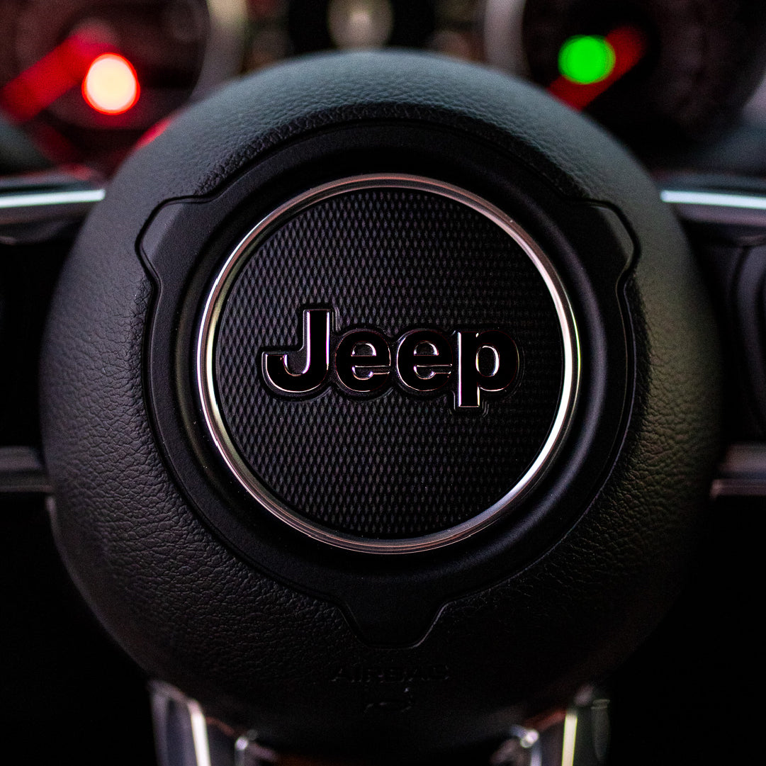 JEEP Steering Wheel Emblem Overlay Decal — 30+ Colors & Designs (Flag, Topo, Animal, Solid)