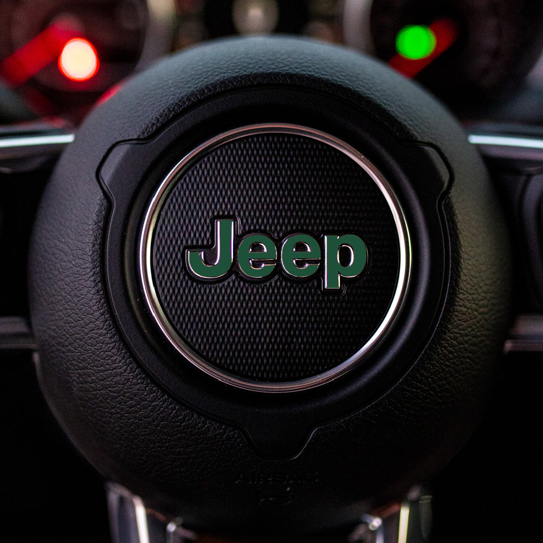 JEEP Steering Wheel Emblem Overlay Decal — 30+ Colors & Designs (Flag, Topo, Animal, Solid)
