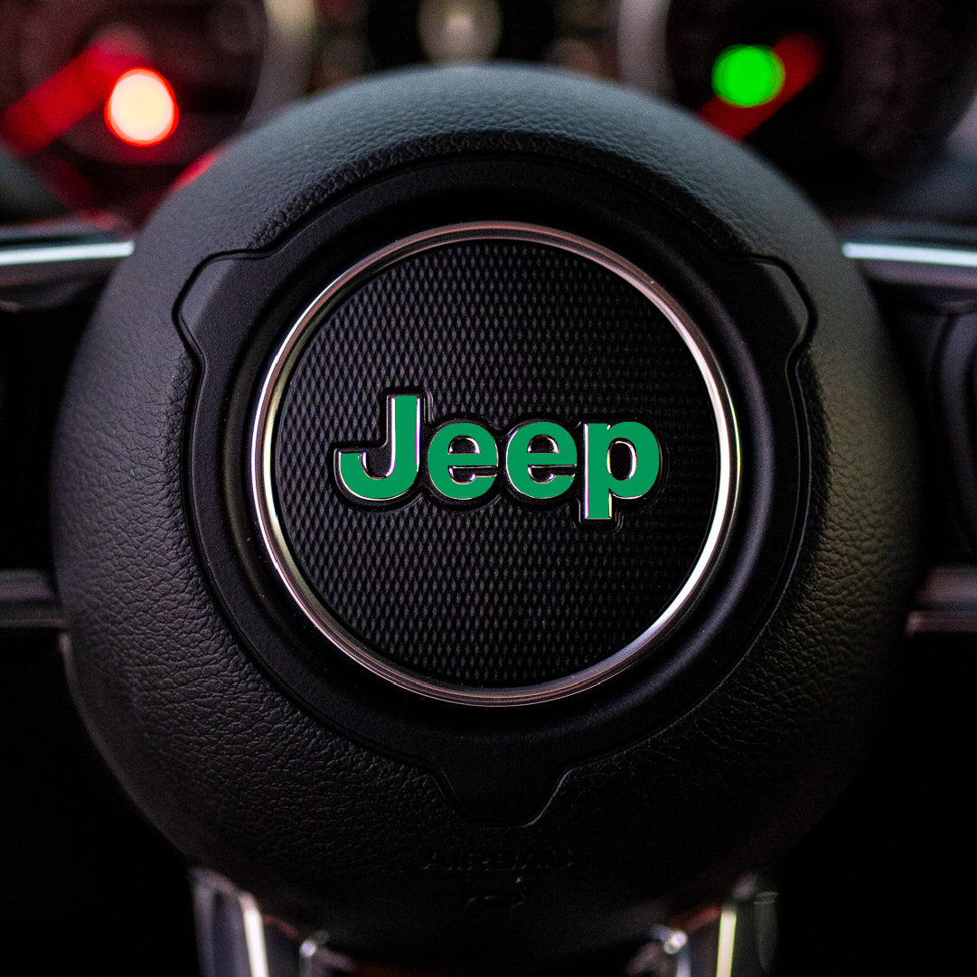 JEEP Steering Wheel Emblem Overlay Decal — 30+ Colors & Designs (Flag, Topo, Animal, Solid)