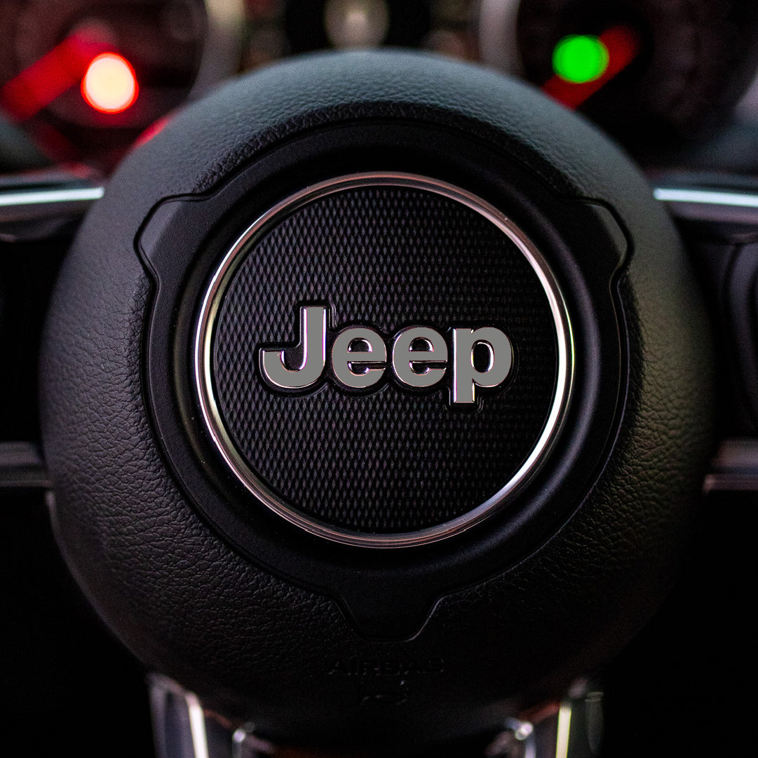JEEP Steering Wheel Emblem Overlay Decal — 30+ Colors & Designs (Flag, Topo, Animal, Solid)