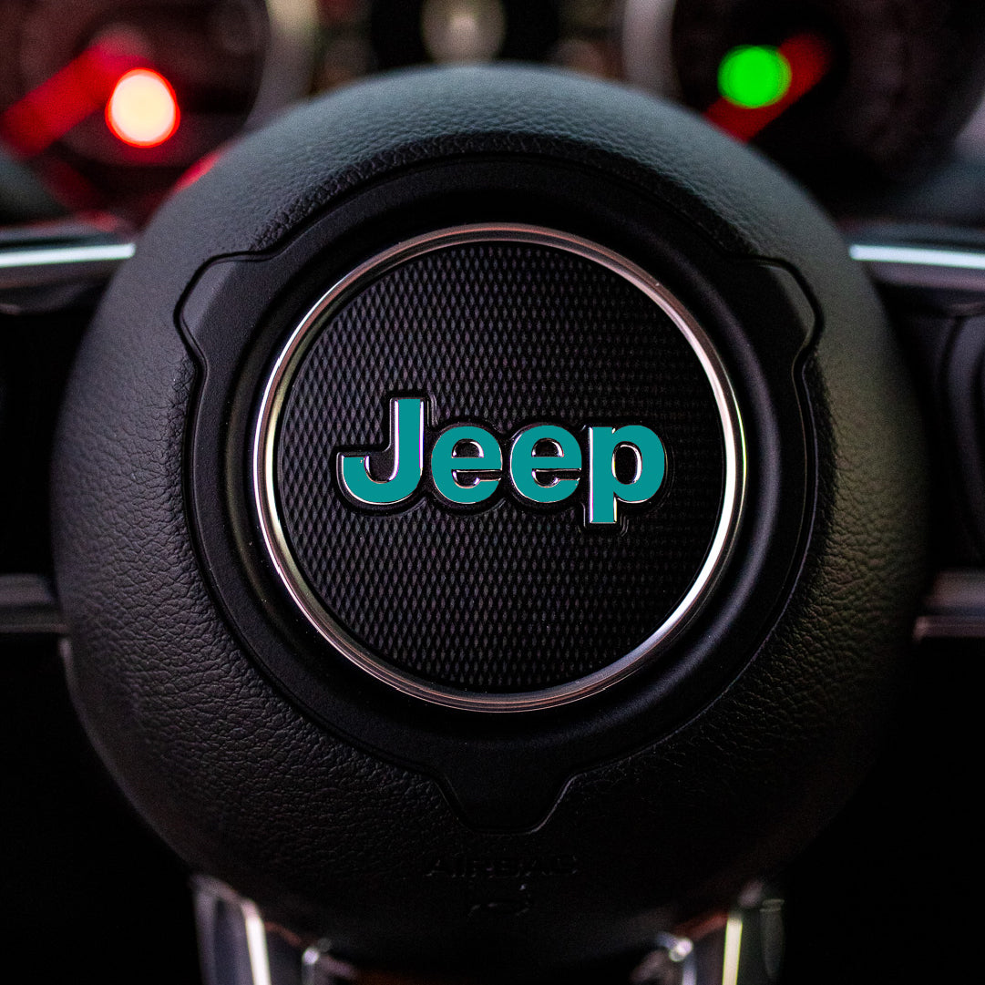 JEEP Steering Wheel Emblem Overlay Decal — 30+ Colors & Designs (Flag, Topo, Animal, Solid)