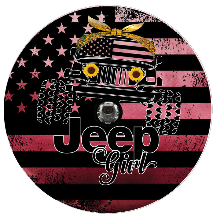 Ombre Pink Jeep Girl Sunflower & American Flag Cute Spare Tire Cover for Jeep Wrangler