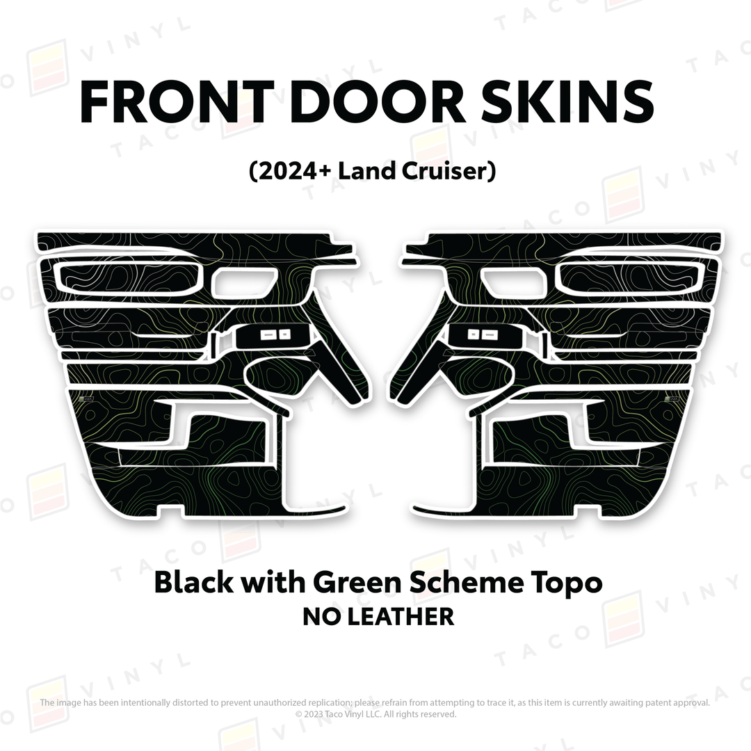 2024+ Land Cruiser 250 Door Skins | Without Leather | Front Driver/Passenger | Black w/Green Scheme Topo | Protective Vinyl