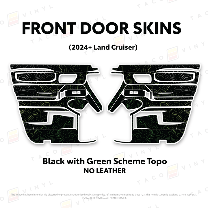2024+ Land Cruiser 250 Door Skins | Without Leather | Front Driver/Passenger | Black w/Green Scheme Topo | Protective Vinyl