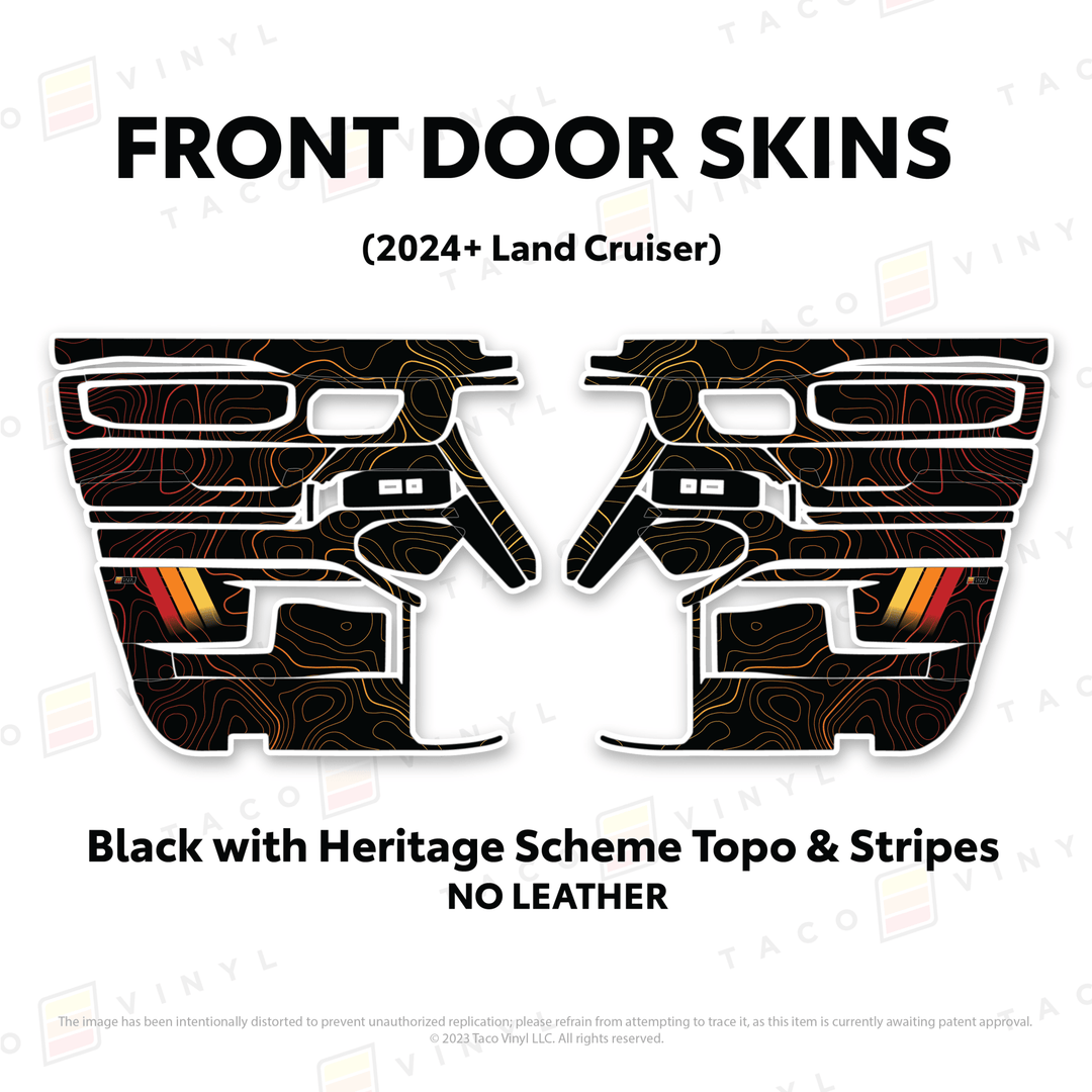 2024+ Land Cruiser 250 Door Skins | Without Leather | Front Driver/Passenger | Black w/Heritage Scheme Topo & Stripes | Protective Vinyl