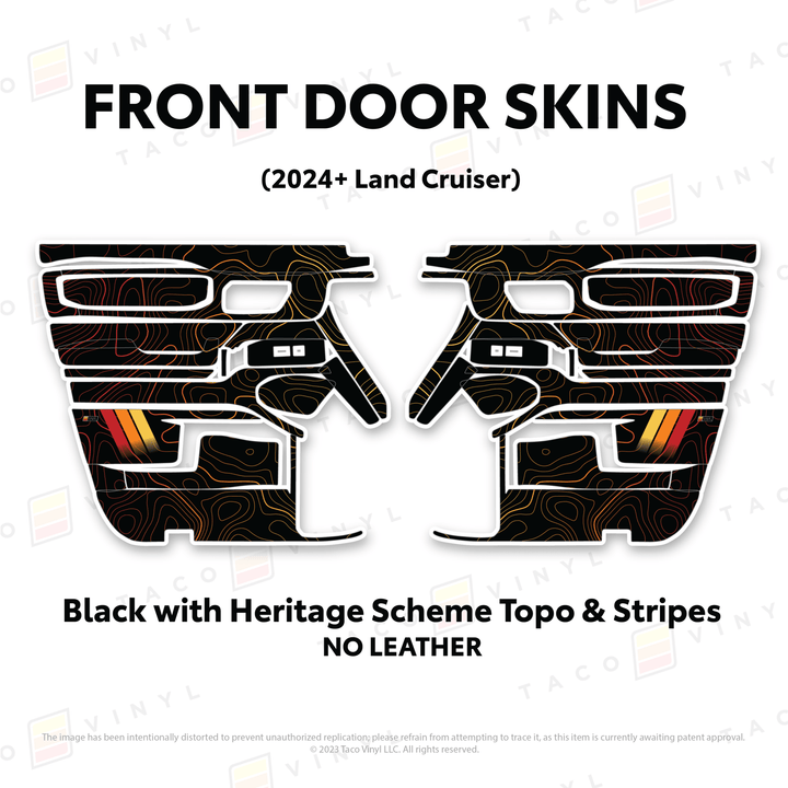 2024+ Land Cruiser 250 Door Skins | Without Leather | Front Driver/Passenger | Black w/Heritage Scheme Topo & Stripes | Protective Vinyl