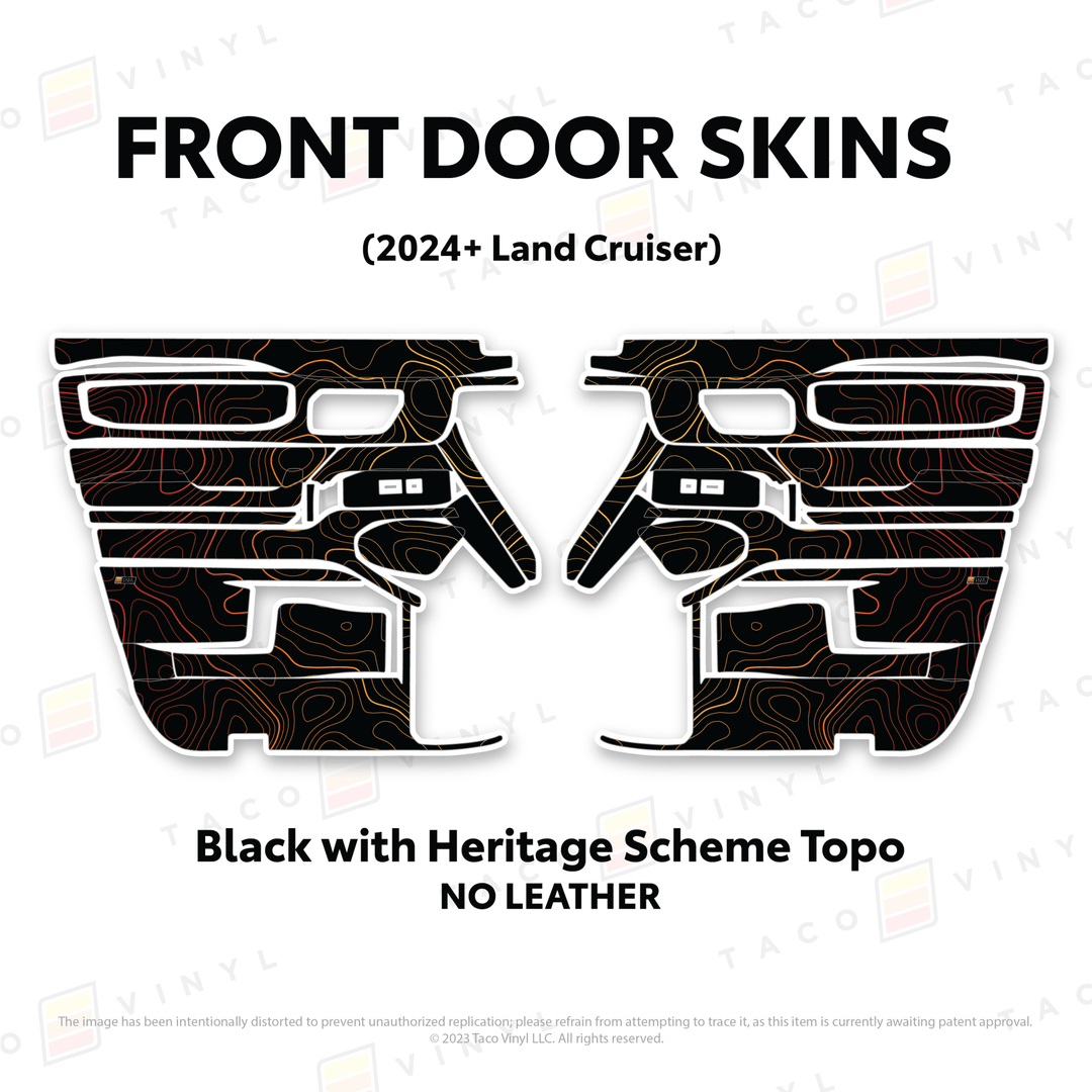 2024+ Land Cruiser 250 Door Skins | Without Leather | Front Driver/Passenger | Black w/Heritage Scheme Topo | Protective Vinyl