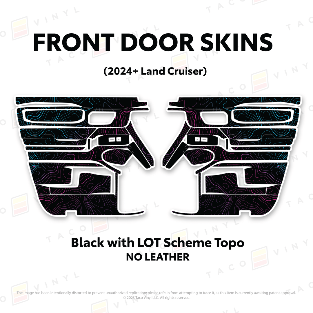 2024+ Land Cruiser 250 Door Skins | Without Leather | Front Driver/Passenger | Black w/LOT Scheme Topo | Protective Vinyl