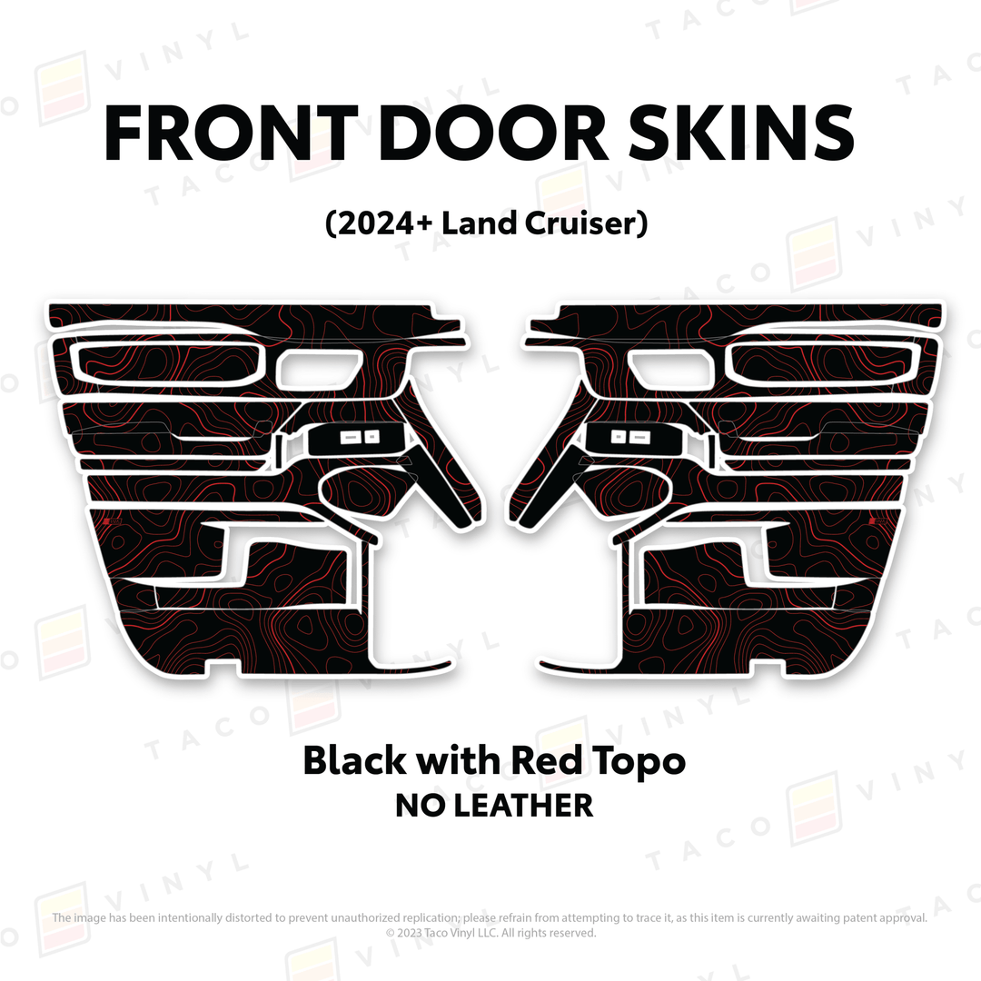 2024+ Land Cruiser 250 Door Skins | Without Leather | Front Driver/Passenger | Black w/Red Topo | Protective Vinyl