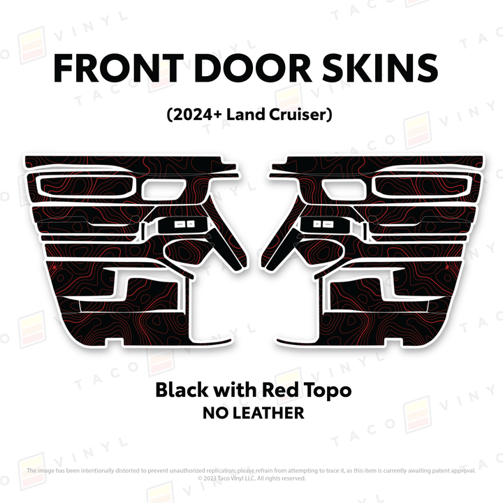 2024+ Land Cruiser 250 Door Skins | Without Leather | Front Driver/Passenger | Black w/Red Topo | Protective Vinyl