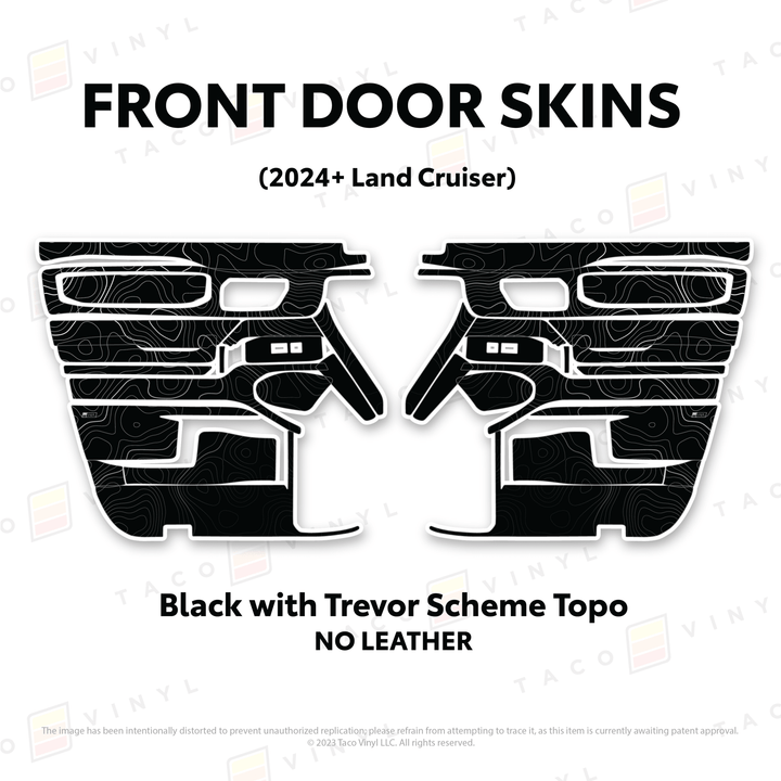 2024+ Land Cruiser 250 Door Skins | Without Leather | Front Driver/Passenger | Black w/Trevor Scheme Topo | Protective Vinyl