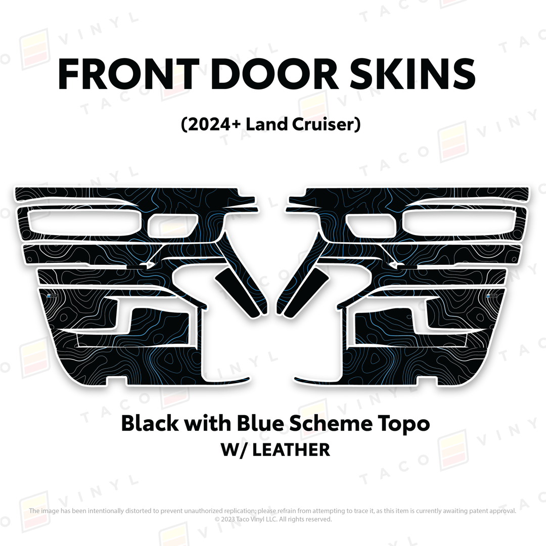 2024+ Land Cruiser 250 Door Skins | With Leather | Front Driver/Passenger | Black w/Blue Scheme Topo | Protective Vinyl